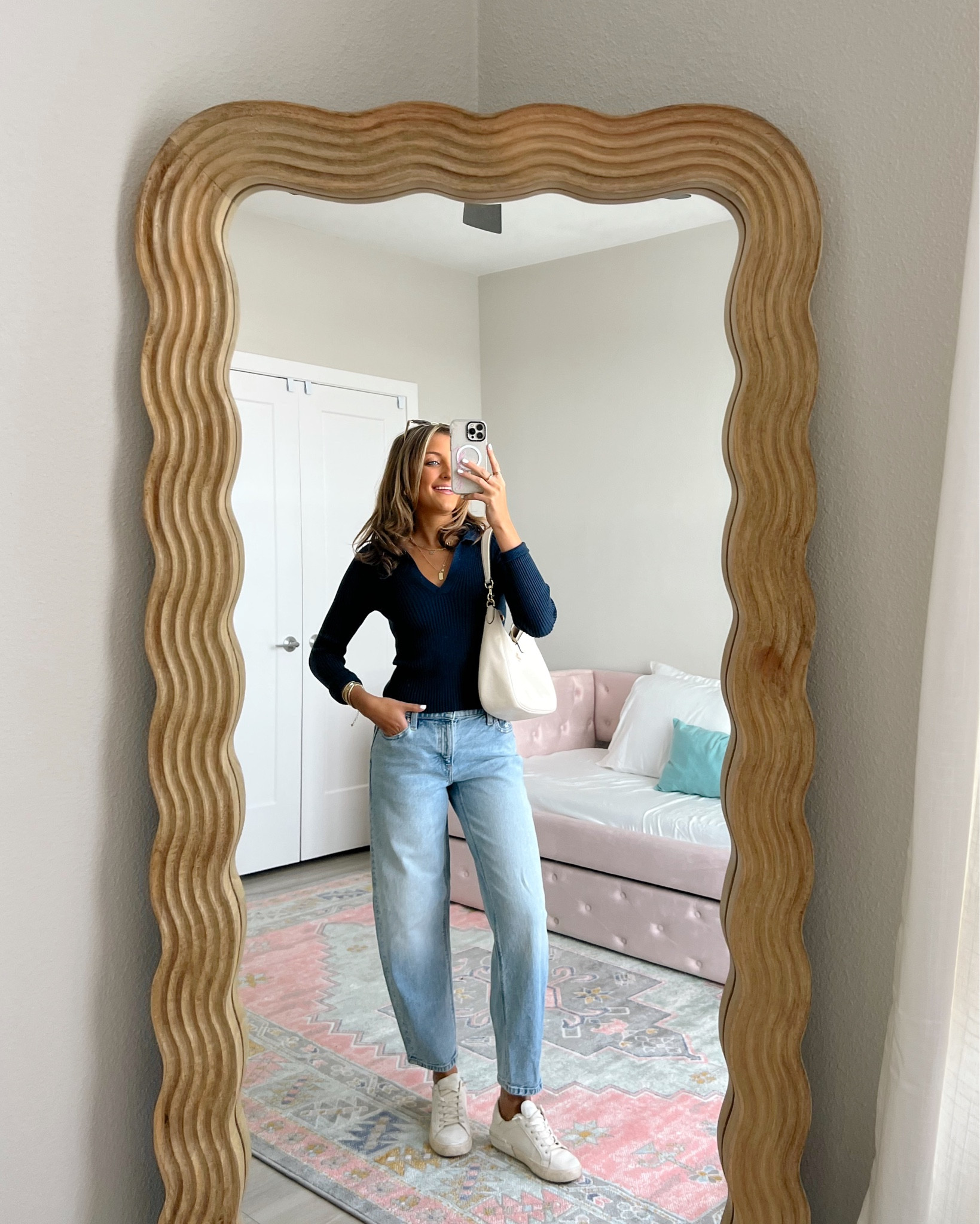 preppy casual winter to spring transition outfit featuring American eagle new arrivals 🐚💙 

wearing size small sweater 000R barrel jeans 
