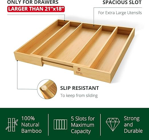 ROYAL CRAFT WOOD Luxury Bamboo Caddy Expandable Drawer and Utensil Organizer, Silverware Holder a... | Amazon (US)