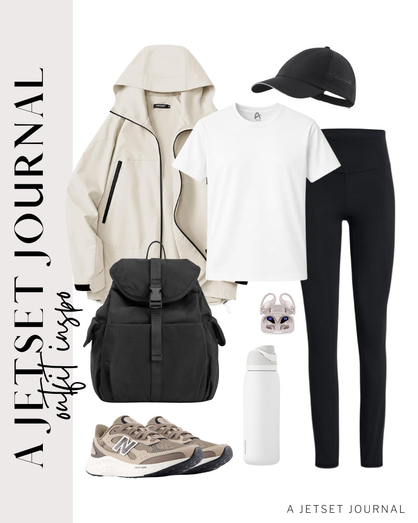 A beige, lightweight hooded jacket over a plain T-shirt is the perfect match for these comfy black leggings. You will love these nylon backpack that vibes with this fit as well as New Balance sneakers. Bluetooth headphones and a quick-dry hat are perfect for this outfit, too. 

 #LTKSeasonal #LTKSaleAlert #LTKTravel