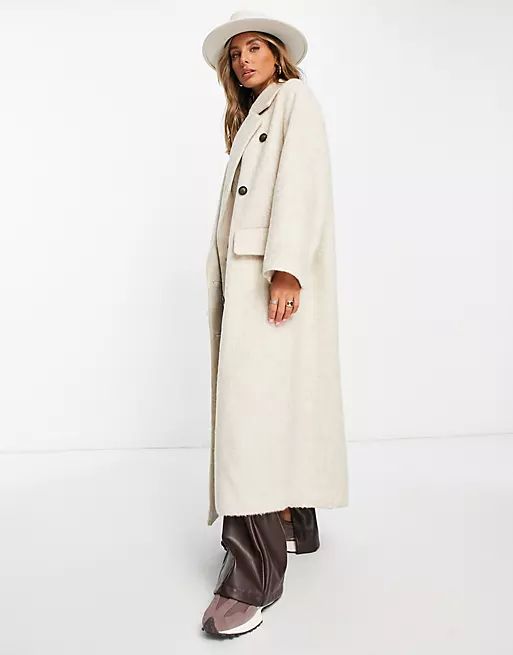Topshop oversized double breasted long coat in beige | ASOS (Global)