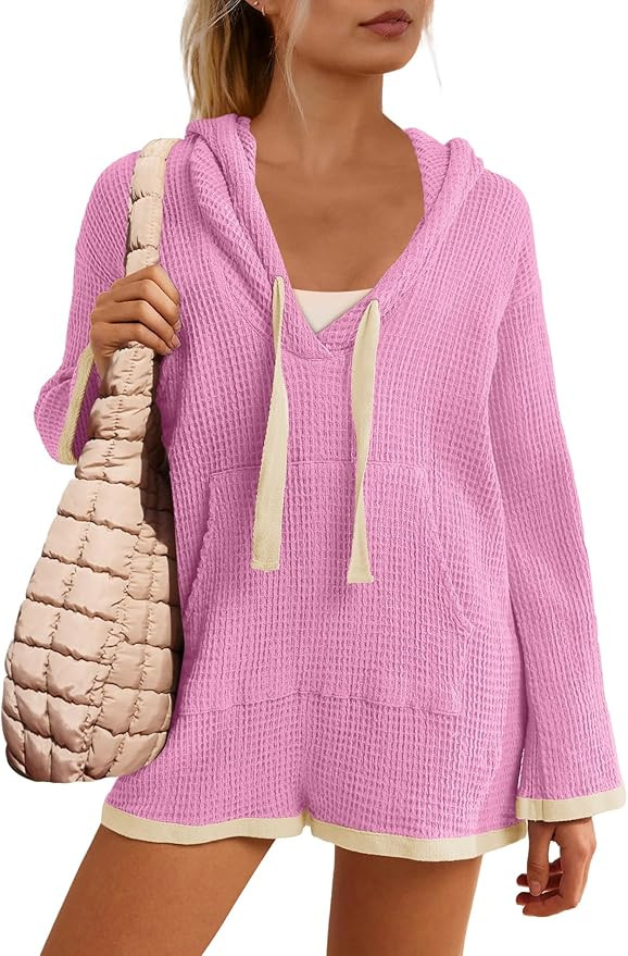 Yanekop Womens V Neck Romper Waffle Knit Jumpsuit Short Overalls Romper One Piece Jumper with Hoo... | Amazon (US)