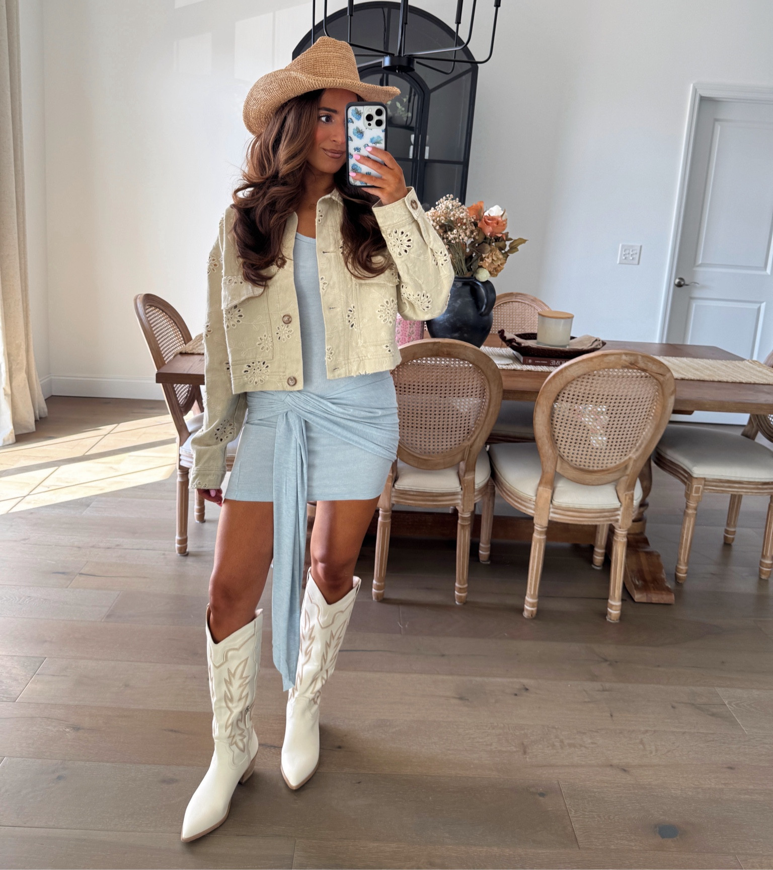 Swaying to the rhythm in a form-fitting blue dress with flirty fringe and a cream denim jacket 🤍💃 Country nights never looked so good! 

#LTKStyleTip #LTKSaleAlert #LTKBeauty