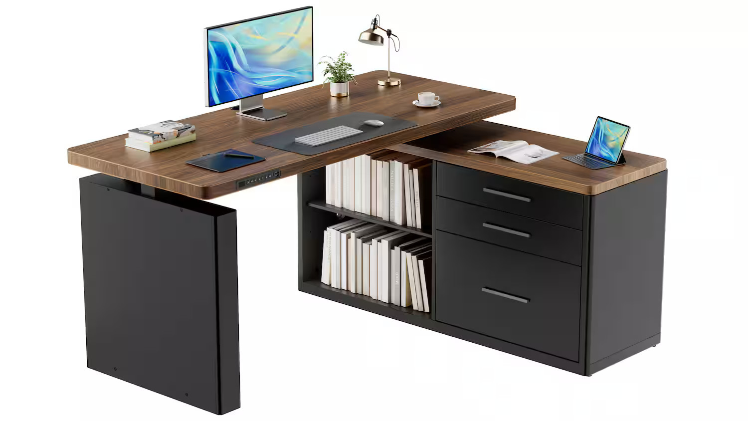 ErgoAV - Adjustable Executive Standing Desk with USB Ports & Cabinets - 55" x 47.2" - Walnut | Best Buy U.S.