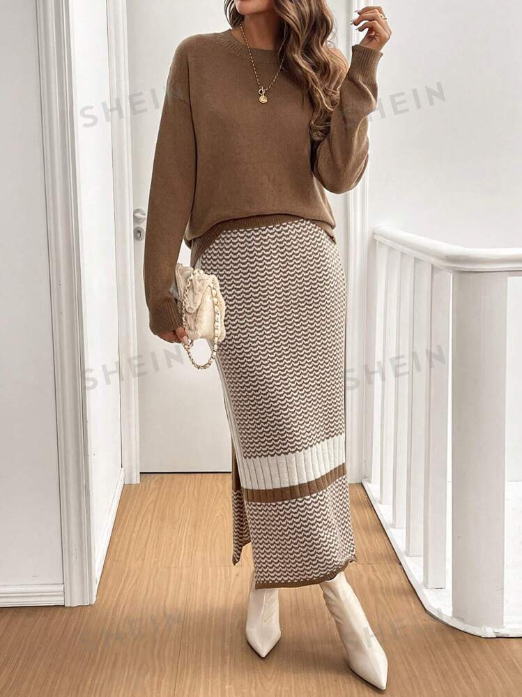 SHEIN Privé 2pcs/Set Women Solid Color Round Neck Long Sleeve Patchwork Sexy Bodycon Dress | SHE... | SHEIN