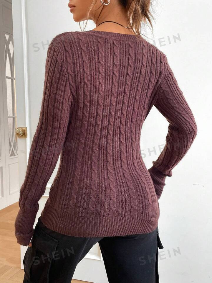 SHEIN EZwear Women's Spring Fashionable 1pc Solid Cable Knit V Neck Two Fake Pieces Sweater | SHEIN
