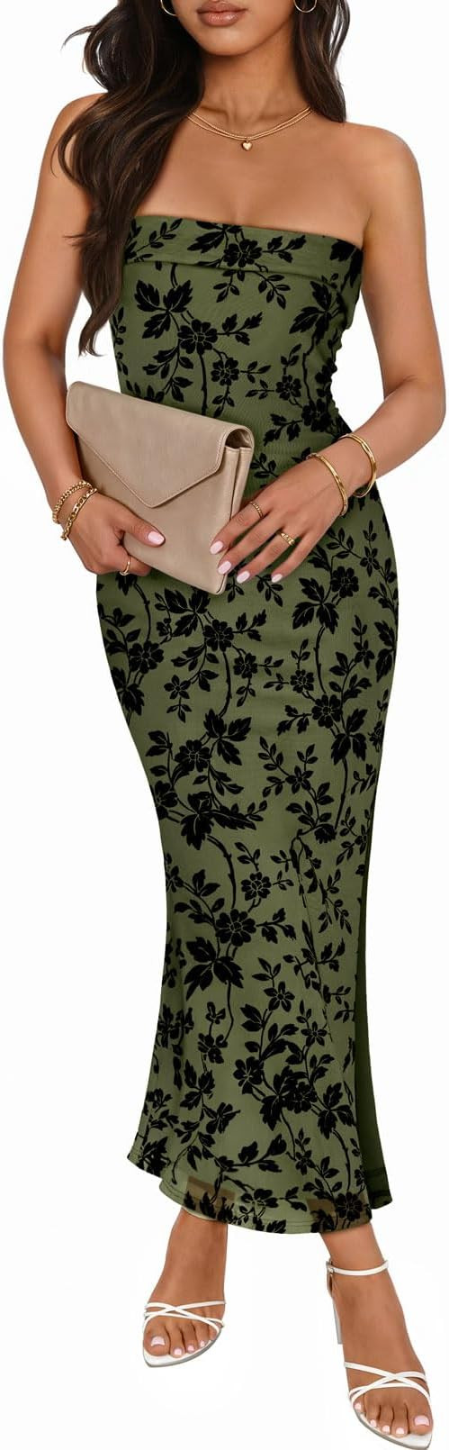 MEROKEETY Women's 2026 Summer Floral Strapless Dress Bodycon Tube Slit Mesh Wedding Guest Cocktai... | Amazon (US)