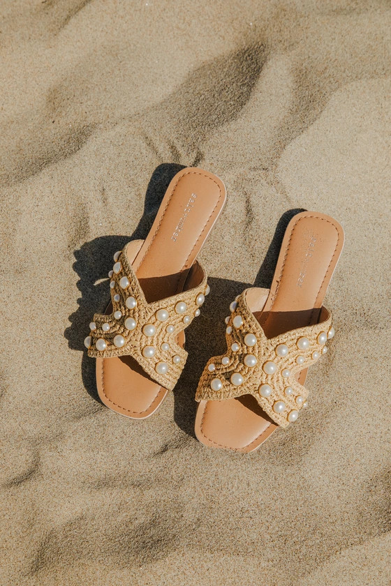 Lola Natural Raffia Pearl Flat Slide Sandals | Lulus