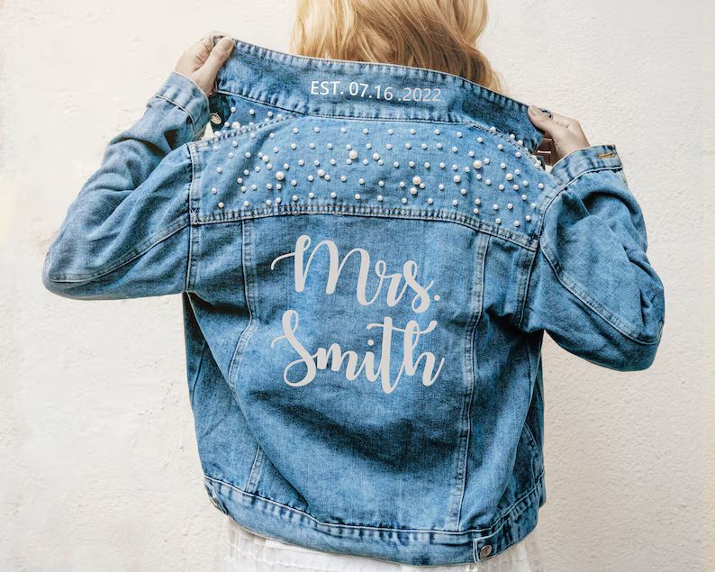 Mrs Pearl Jean Jacket Custom Bride Denim Jacket Personalized Bride Gift Jean Jacket for Honeymoon... | Etsy (US)