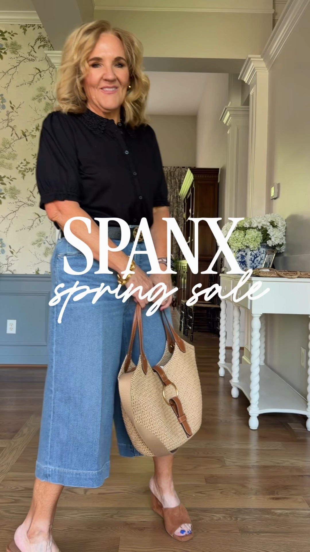 @spanx spring sale. No code needed. Lots of great styles for spring and summer. 

The stretch twill wide leg I wear a medium petite. 
The stretch twill barrel fits best small petite. I have the medium petite but they’re very loose in the hips. 
Culottes med petite size up if inbetween 
And this poplin dress size medium it’s fabulous. And it comes in other colors and a short length. 
Other items sizes 
Boden jersey knit black blouse 10
Quince green cardigan medium 
Amazon set medium 
Quince beige sweater medium 
Loft mama sweatshirt medium
10% off Eric javits tote code NANETTE
20% off my bracelet stack code NANETTE20

#LTKOver40 #LTKSaleAlert #LTKPetite