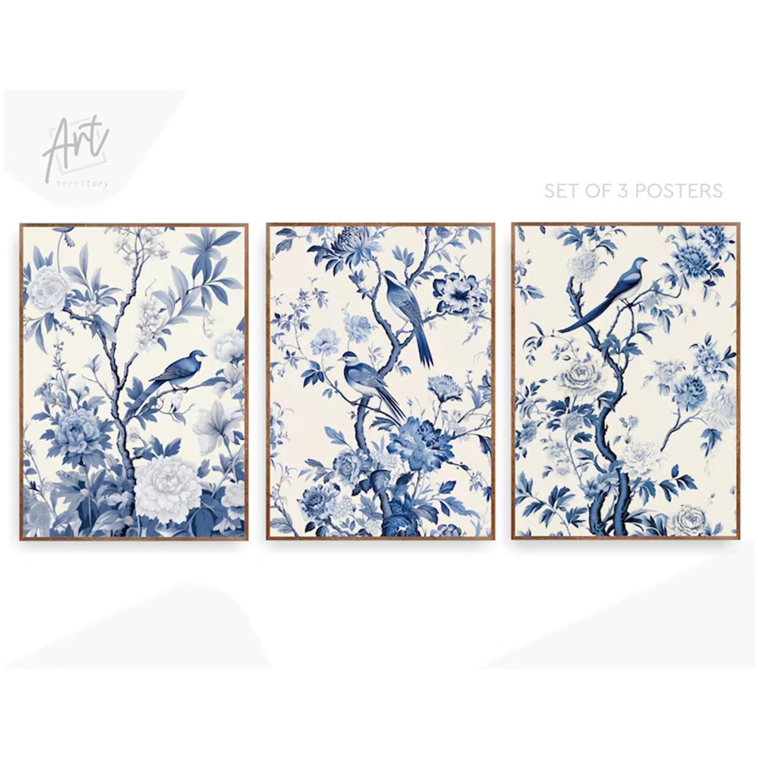 Antique Vintage Blue Chinoiserie Wall Art Prints, Set of 3 Botanical Posters or Canvases | Wayfair North America