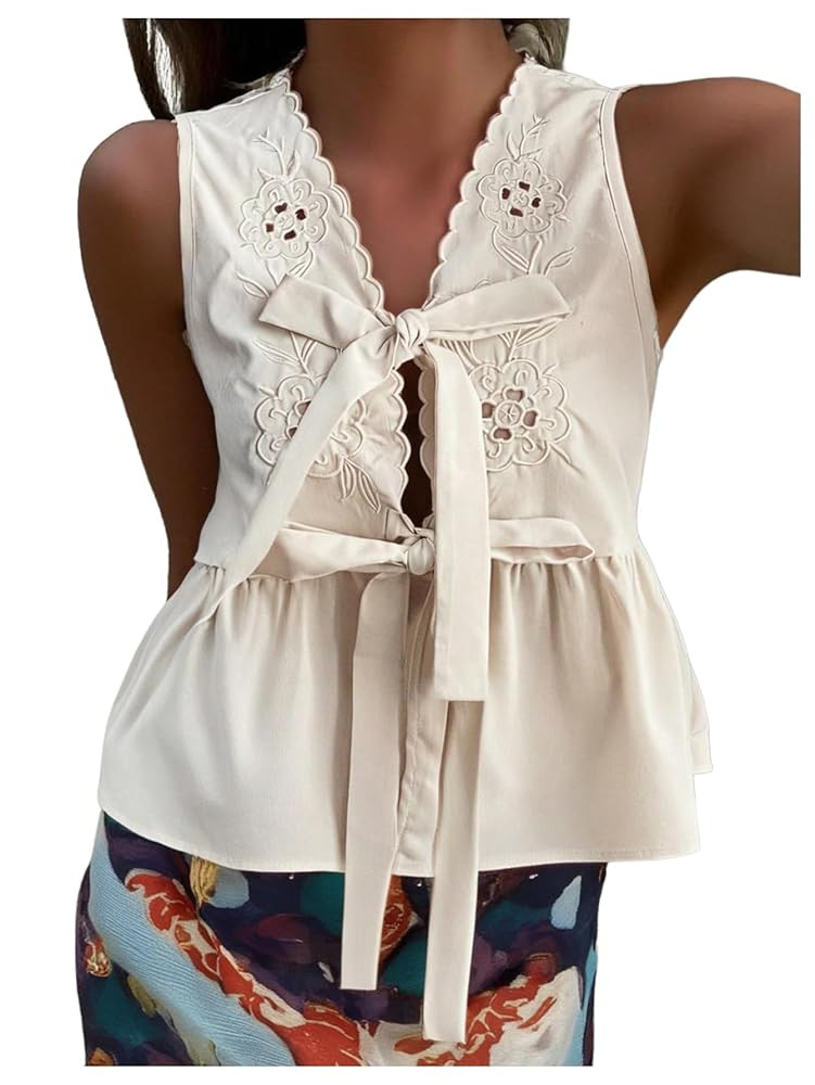WDIRARA Women's Bow Tie Front Blouse V Neck Sleeveless Shirt Eyelet Embroidery Ruffle Peplum Tops | Amazon (US)