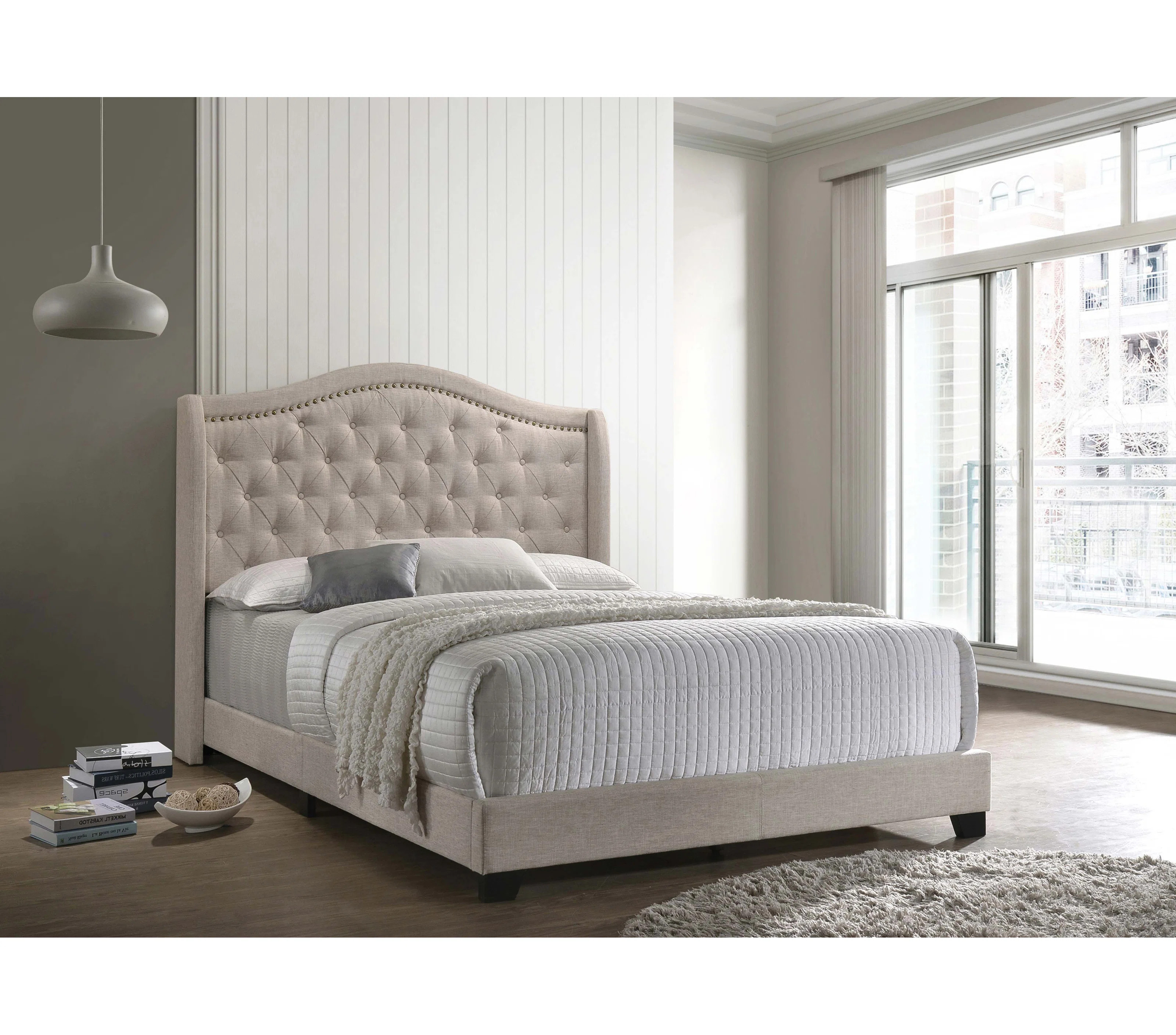 Aquira Upholstered Eastern King Wingback Bed Beige | Wayfair North America