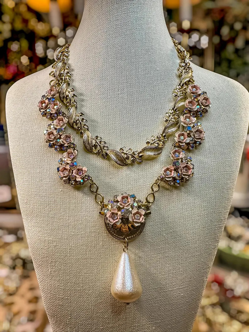 Caught Blushing Collectible Necklace | 1950s Floral Statement with 1960s Coro Goldtone Chain & Pe... | Etsy (Global)
