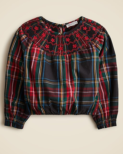 Girls' embroidered smocked top in Stewart tartan | J. Crew US
