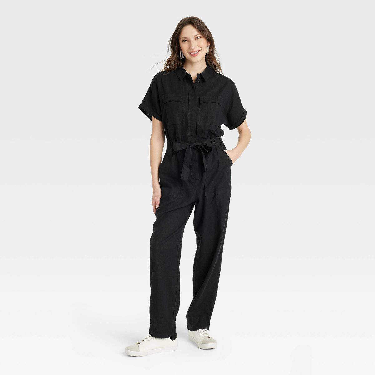 Women's Short Sleeve Linen Boilersuit - Universal Thread™ Black 4 | Target