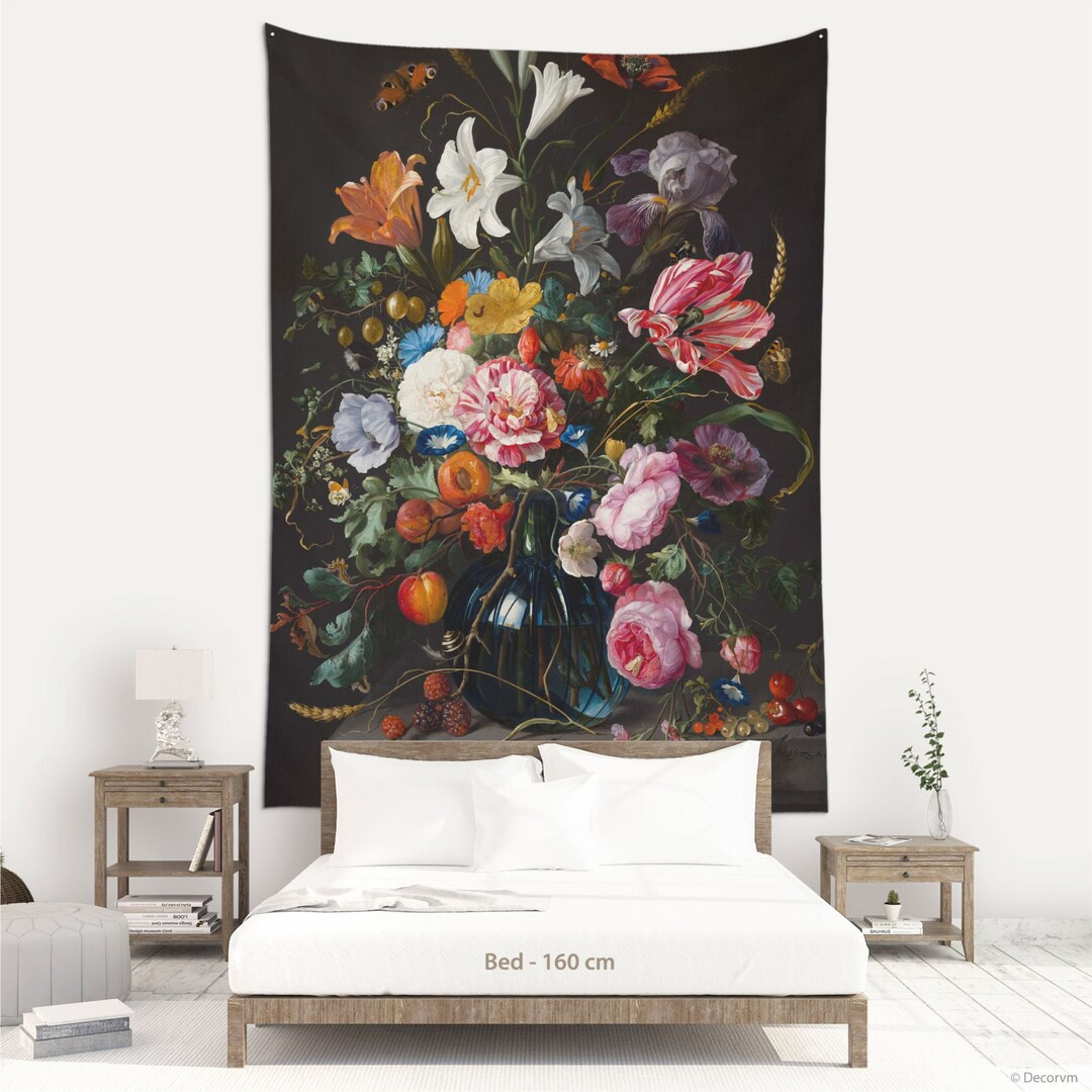 Floral Tapestry, Flemish Art decor, Black background, Dutch painting tapestry, Floral vase, Flora... | Etsy (US)