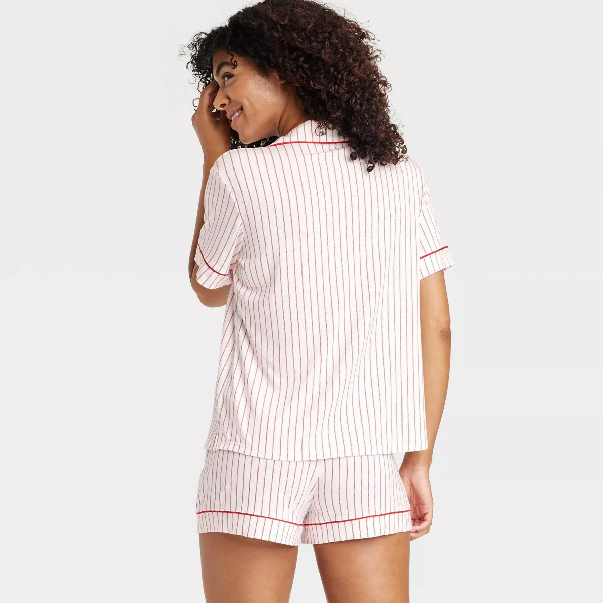 Women's Striped Cloud Knit Short Sleeve Top and Shorts Pajama Set - Auden™ Cream M | Target