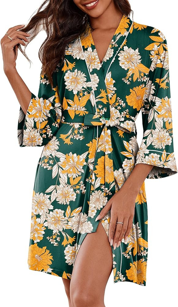 Ekouaer Women Kimono Robes Knee Length Knit Bathrobe Lightweight Soft Sleepwear V-neck Casual Lad... | Amazon (US)