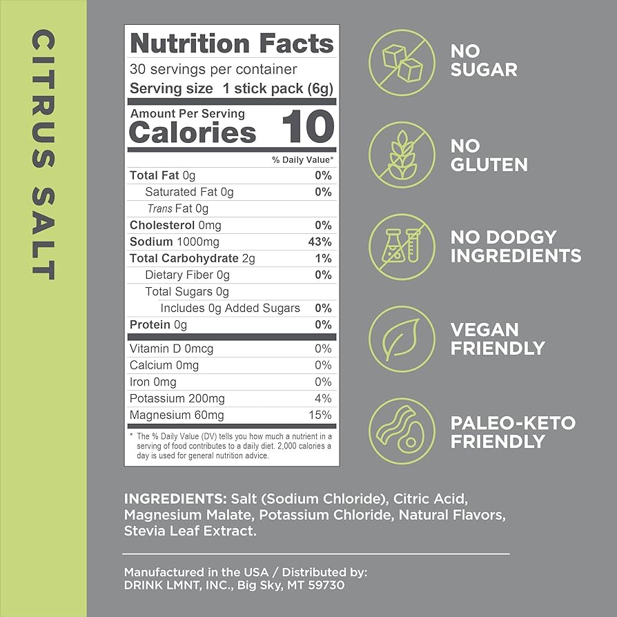 LMNT Zero-Sugar Electrolytes - Citrus Salt - Hydration Powder Packets | No Dodgy Ingredients | Ke... | Amazon (US)