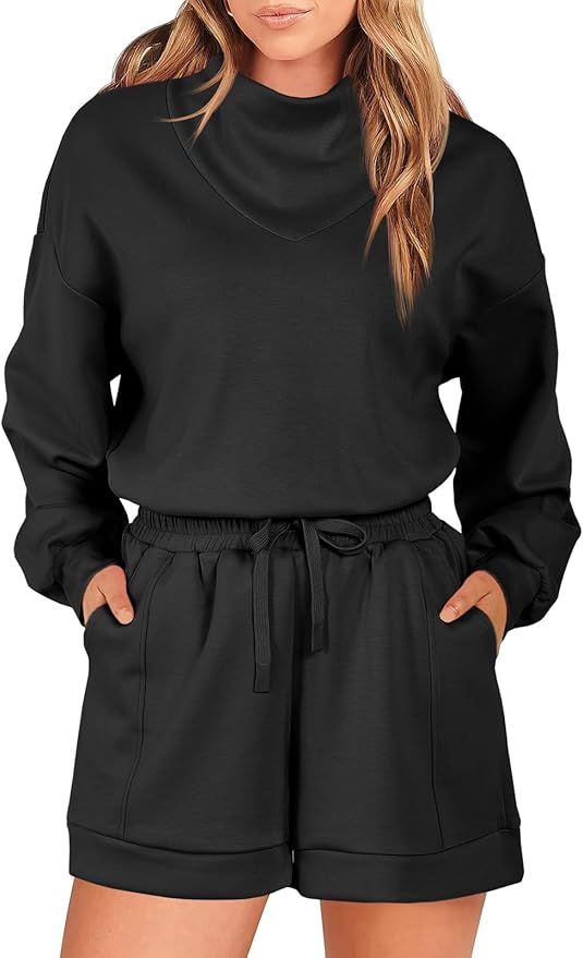 Fisoew Women's Lounge Sets Long Sleeve Sweatshirts Mock Neck Tops And Shorts 2 Piece Outfits | Amazon (US)
