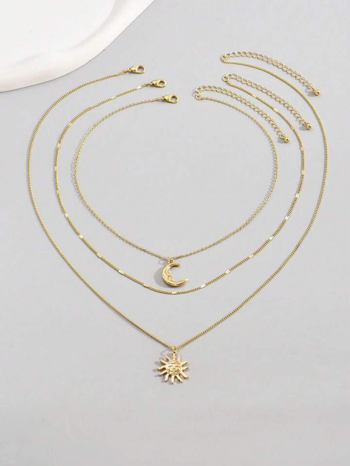 3pcs/Set Sun & Moon Pendant Necklace | SHEIN
