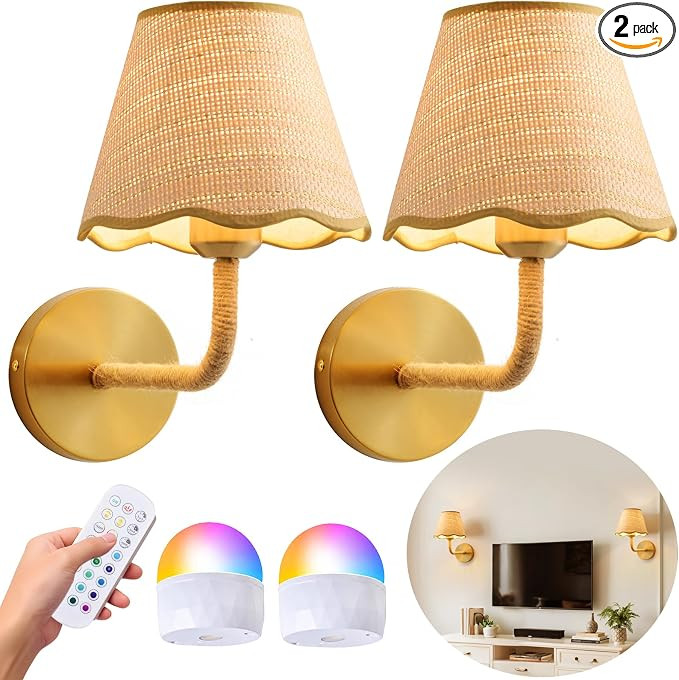 Set of 2 Gold Boho Rattan Wall Sconces - Battery Operated Wireless Wall Lamps with Remote, Dimmab... | Amazon (US)