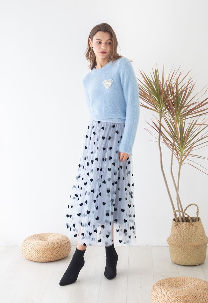 Pearly Heart Patch Soft Fuzzy Knit Sweater in Blue | Chicwish