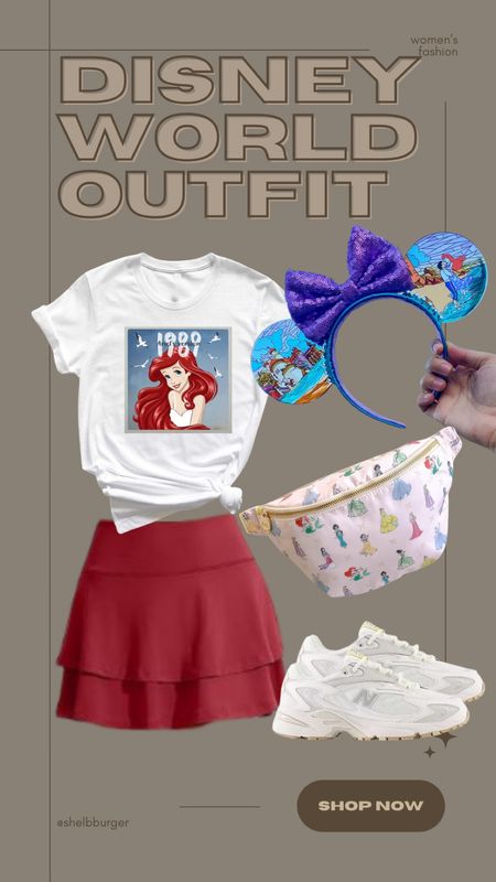 Disney World outfit
Little Mermaid inspired outfit

Ariel’s version tshirt Taylor Swift inspired 
Dark red active tennis skirt
Little Mermaid stained glass window mouse ear
Disney princess Fanny pack
White New Balance sneakers

#LTKFamily #LTKTravel #LTKShoeCrush