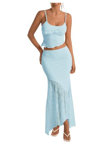 Milumia Women's 2 Piece Outfits Ruffle Trim Cami Crop Top and Low Rise Maxi Skirt Set Light Blue Small | Amazon (US)