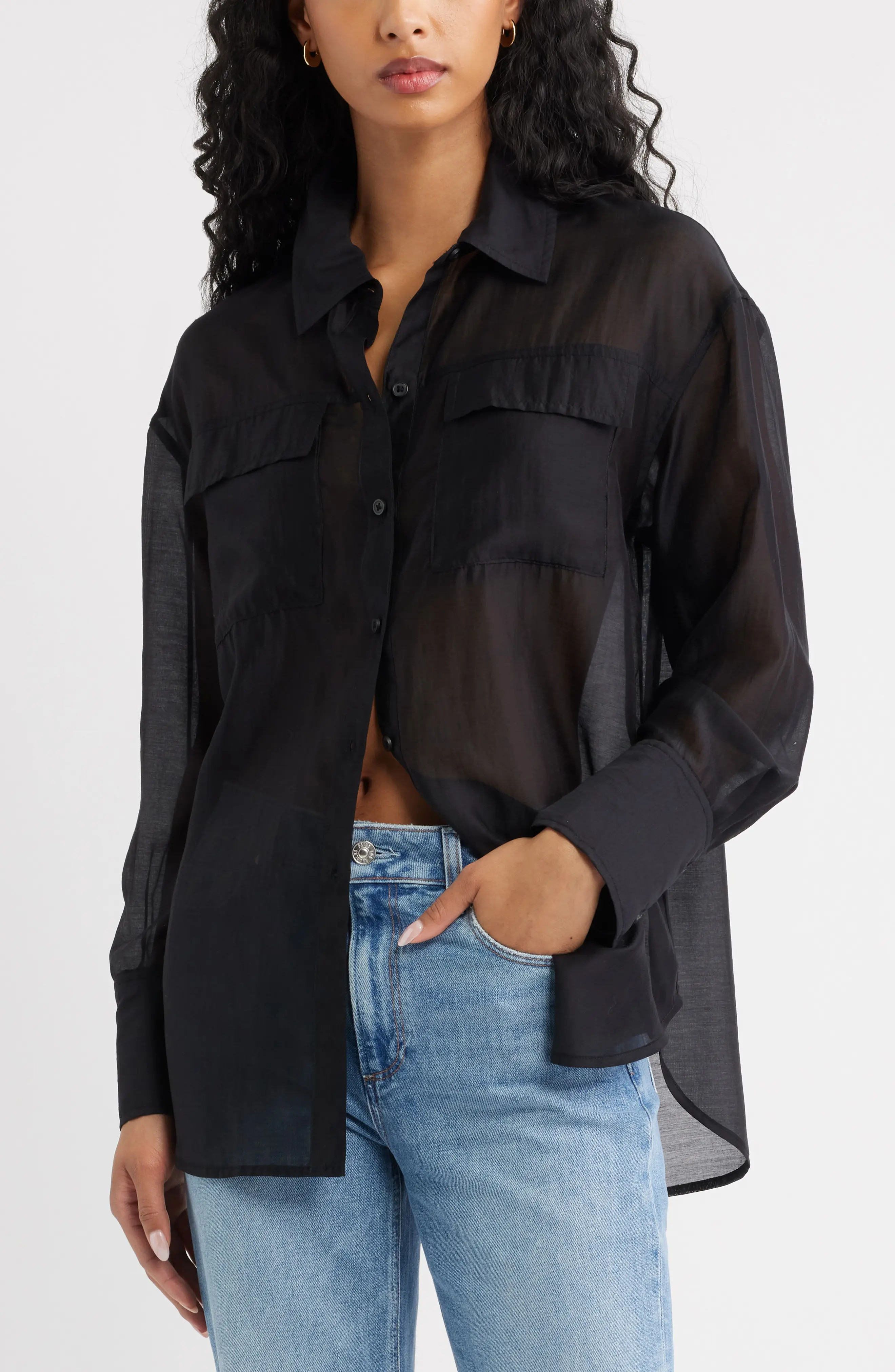 Open Edit Oversize Organza Button-Up Shirt in Pink Windy Hibiscus at Nordstrom, Size Large/x-Large | Nordstrom