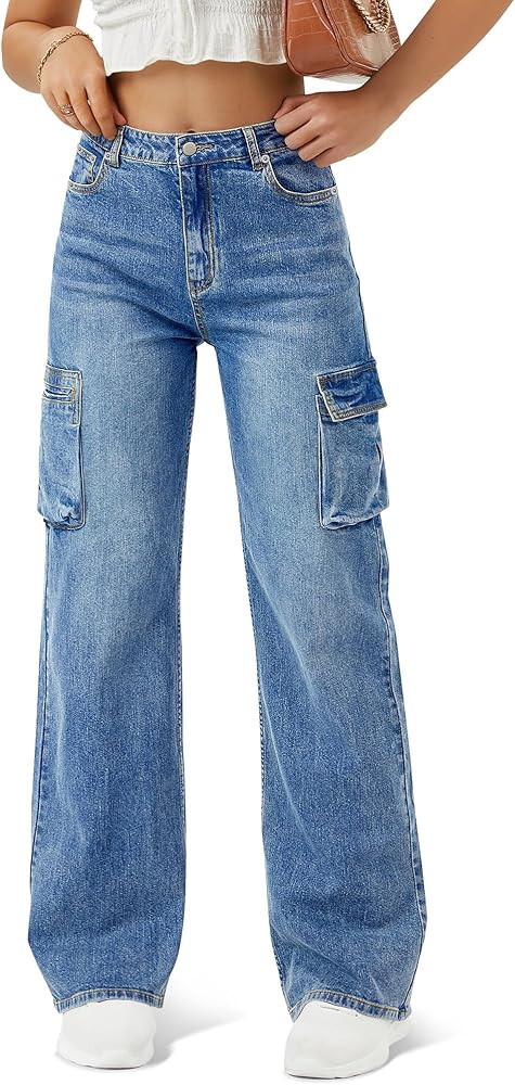 Women High Waisted Cargo Jean for Women with 6 Pockets Straight Wide Leg Jean Casual Baggy Pants | Amazon (US)