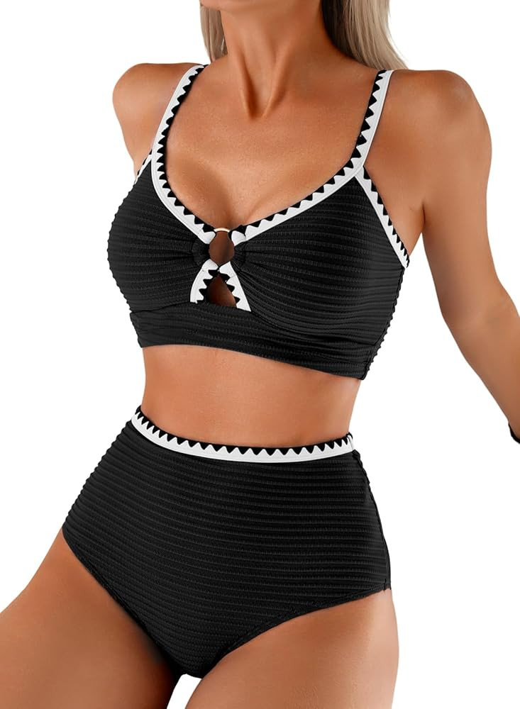 Herseas Women's Textured Bikini Sets O Ring Swimsuits Whip Stitch High Waisted Bathing Suits 2026... | Amazon (US)