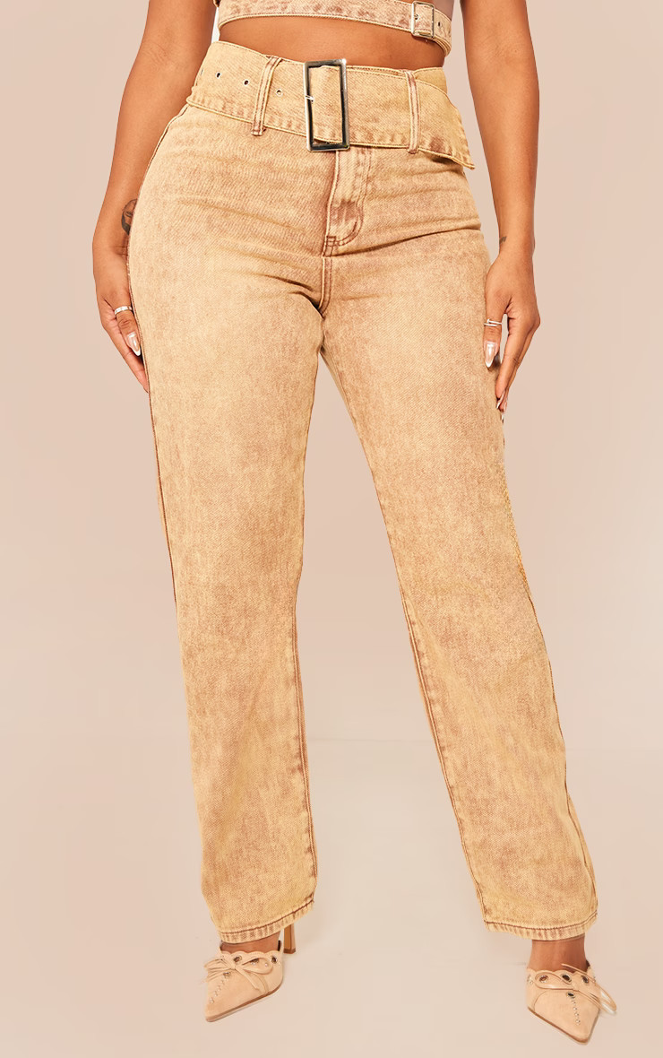 Shape Brown Washed Denim Belted Straight Leg Jeans | PrettyLittleThing US