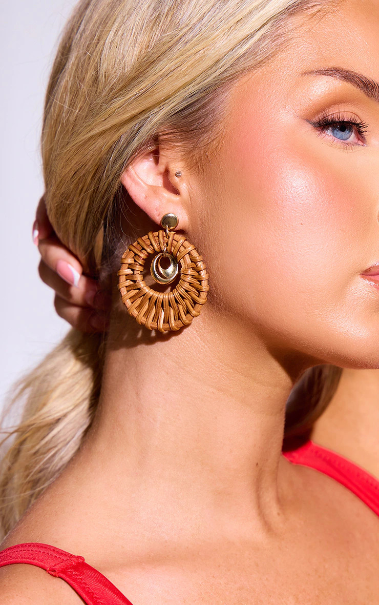 Gold Raffia Oval Statement Earrings | PrettyLittleThing US