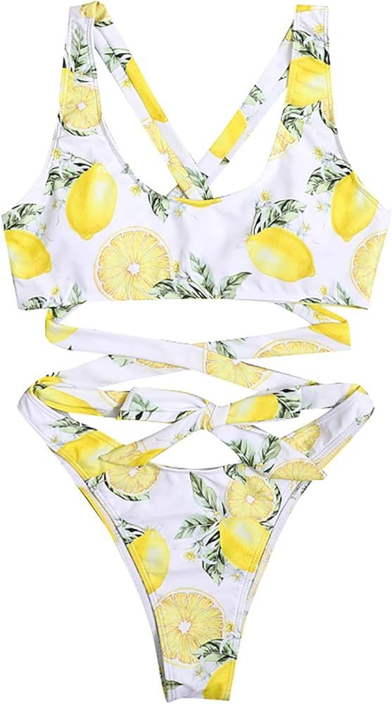 Mercyaron Womens Sexy One Piece Straps Swimsuit Bathing Suit Lemon Print Swimwear | Amazon (US)