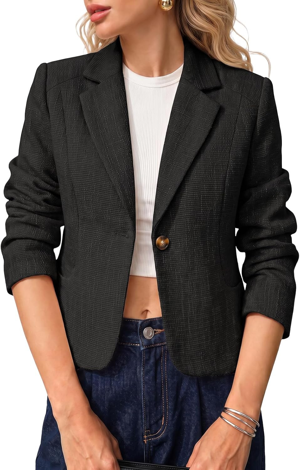 Cicy Bell Womens Cropped Tweed Blazers Collared Suit Jackets Blazer | Amazon (US)