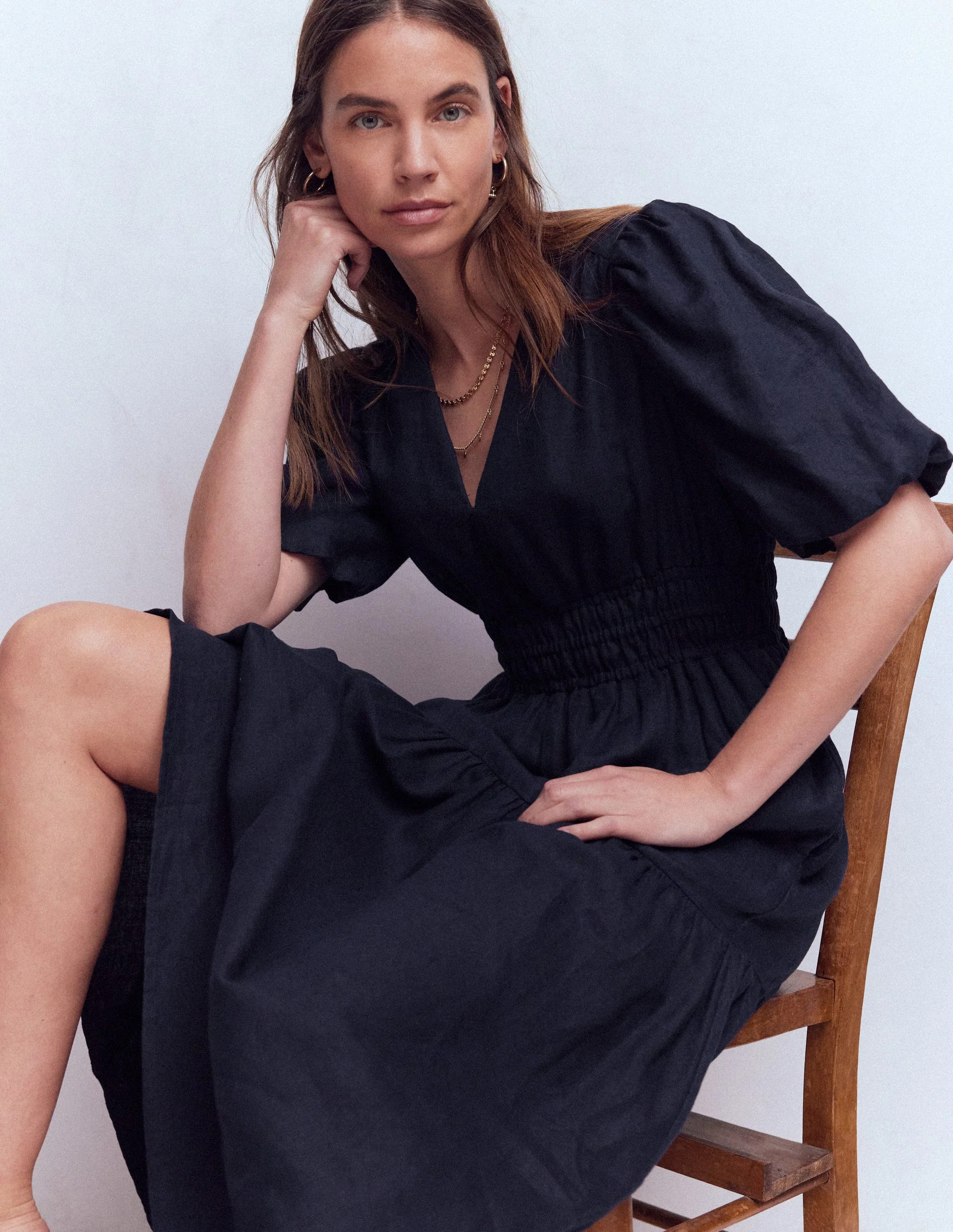 Irene Puff Sleeve Linen Dress-Navy | Boden UK