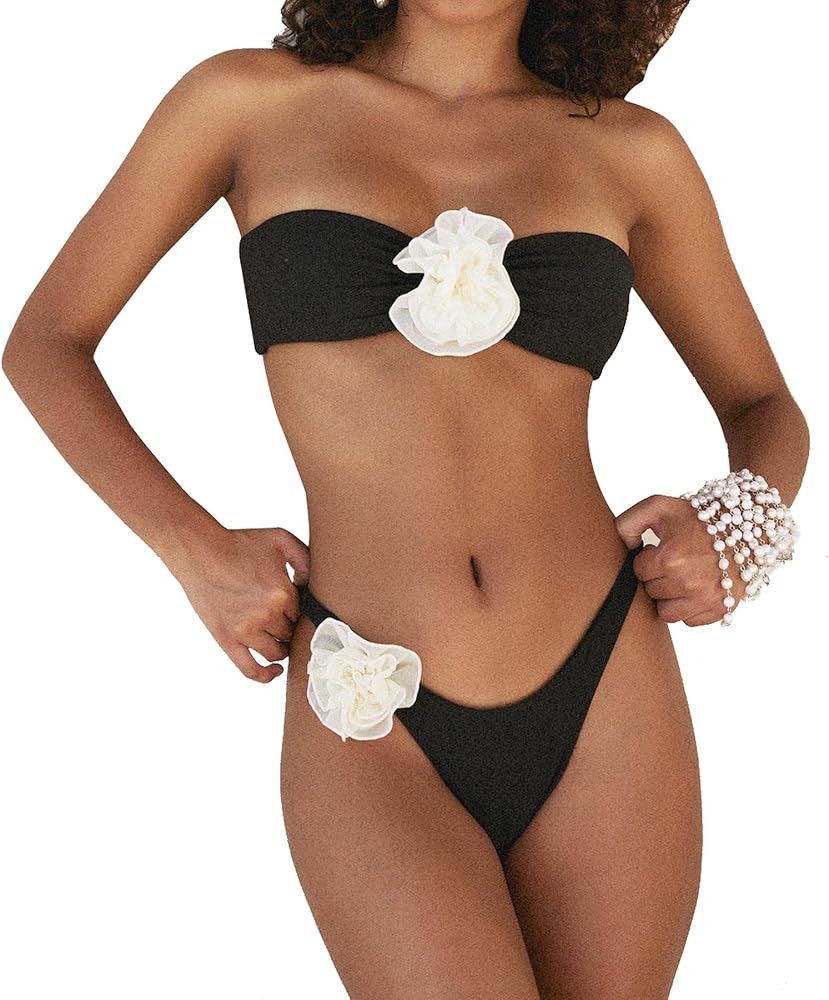 Leoparts Women's 2 Piece Bandeau Swimsuits 3D Floral Tie Side High Cut Low Rise Bikini Set Bathin... | Amazon (US)