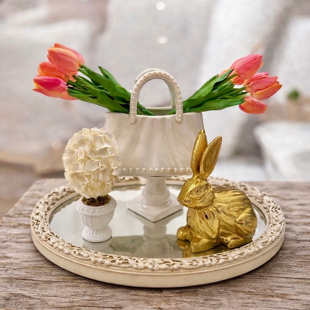 Elevated Easter styling with a soft neutral twist 🤍🌷 I layered a vintage-inspired mirrored tray with a mini ivory hydrangea topiary, pearl-detailed vase filled with fresh tulips, and the sweetest gold bunny accent. The mix of creamy whites, soft pinks, and metallic gold adds just the right amount of glam while still feeling light and spring-ready.

Perfect for coffee tables, kitchen islands, or entry consoles — this look transitions beautifully from early spring through Easter.

#LTKHome #LTKSpring #LTKEaster #NeutralDecor #SpringDecor #EasterDecor #CoffeeTableStyling #HomeStyling #GlamDecor #TraditionalHome #CollectedHome #SeasonalDecor

Shop the tray, pearl vase, topiary, bunny, and similar tulips below 🤍