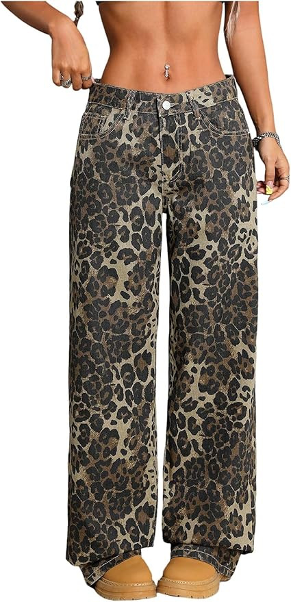 Verdusa Women's Y2k Leopard Jeans Hip Hop Streetwear Wide Straight Leg Denim Pants with Pockets | Amazon (US)