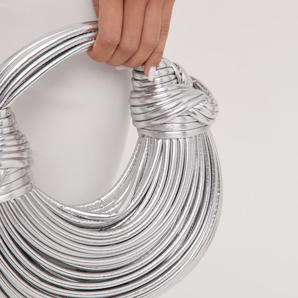 Leif Knotted Detail Strappy Shoulder Bag In Silver Metallic Faux Leather | EGO (UK)