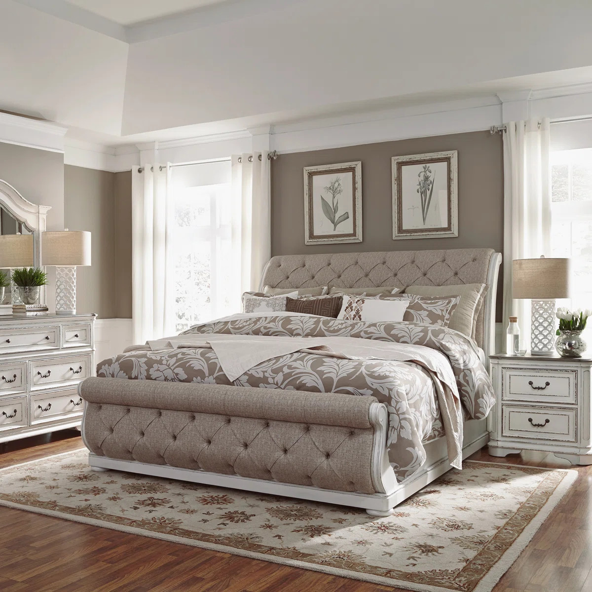 Colchester King Upholstered Sleigh Bed, Dresser & Mirror, Two Nightstand Bedroom Set | Wayfair North America