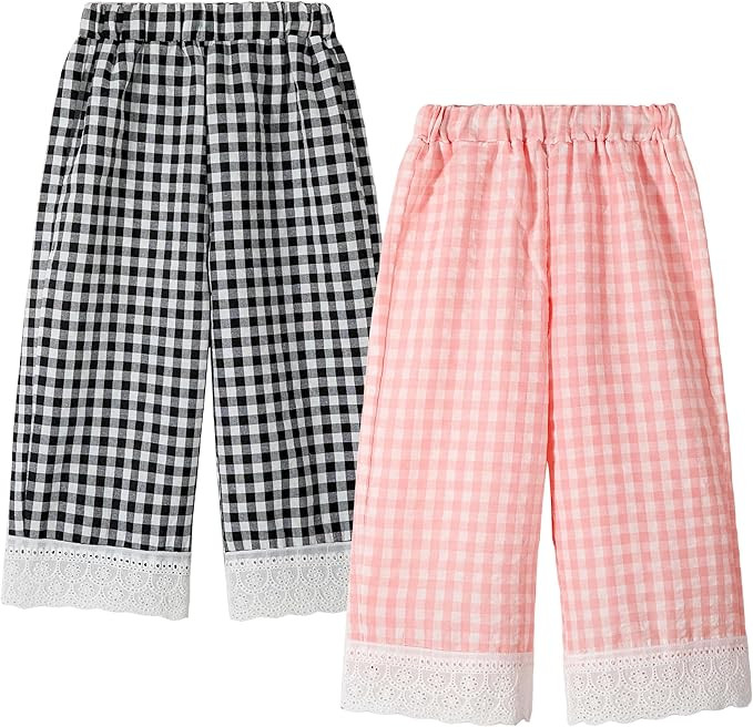 Miipat Toddler Girls Wide Leg Pants Elastic Waist 2 Pack Gingham Pants Kids Loose Checkered Plaid... | Amazon (US)