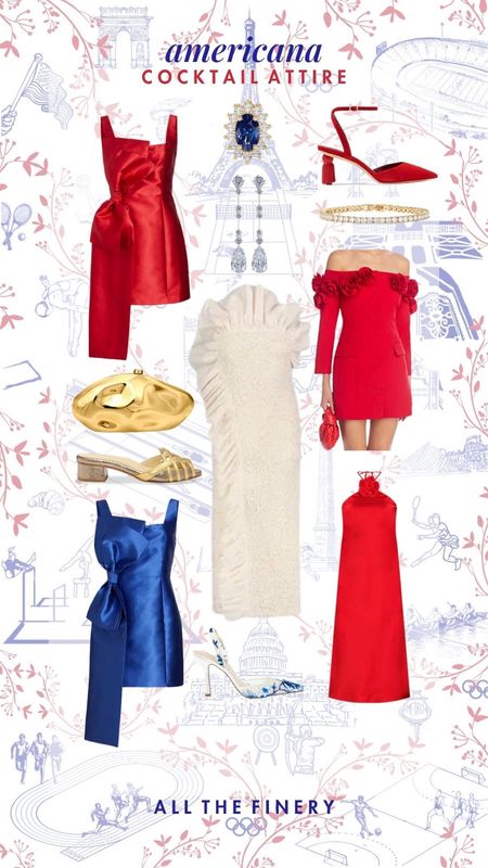 What to wear to the Olympics, Olympics outfits, Olympics outfit inspo, team usa outfit inspo, Americana, American style, red white and blue outfits, American flag outfit, Americana style, Americana outfit inspo. Red rosette dress, cocktail attire, cocktail dress, duo tone heel sandals, gold clutch, royal blue bow dress, red bow dress, cocktail attire, black tie. 