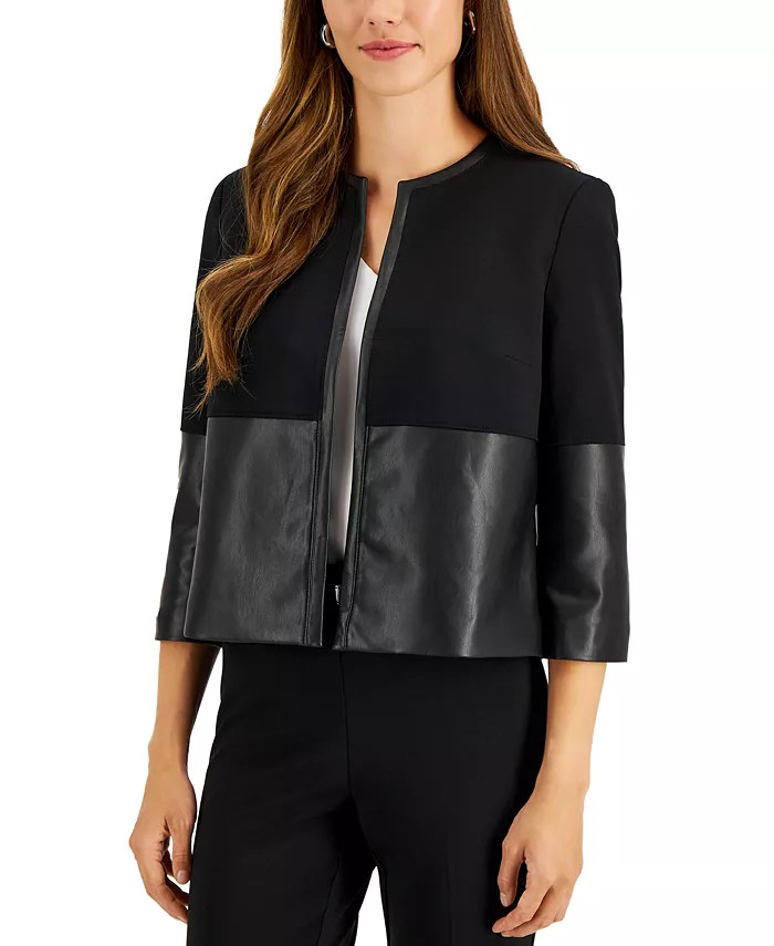 Kasper Petite Faux-Leather Mixed-Media Jacket, Created for Macy's & Reviews - Wear to Work - Peti... | Macys (US)