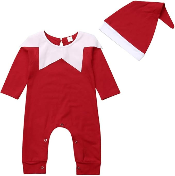 unniful Newborn Baby's Xmas Long Sleeve Romper+Hat Chrismas Santa Claus Dressed Set Onesies Jumps... | Amazon (US)