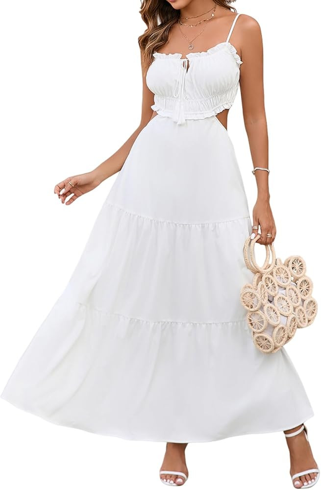 XinFSh Women's Summer Spaghetti Maxi Dress Boho Backless Milkmaid Cutout Dresses Casual Flowy Lon... | Amazon (US)