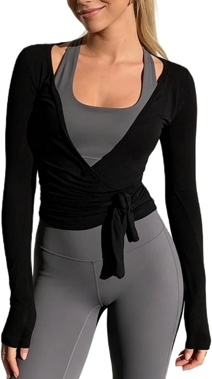 Amiblvowa Women's Long Sleeve Ballet Wrap Top | Amazon (US)