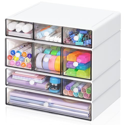 FODIENS Desk Storage Organizer with 9 Drawers, 4 Tiers Stackable Desktop Craft Storage Drawers, Clear Storage Box Caddy for Stationary Makeup Jewelry Office Craft Supplies (White) | Amazon (US)