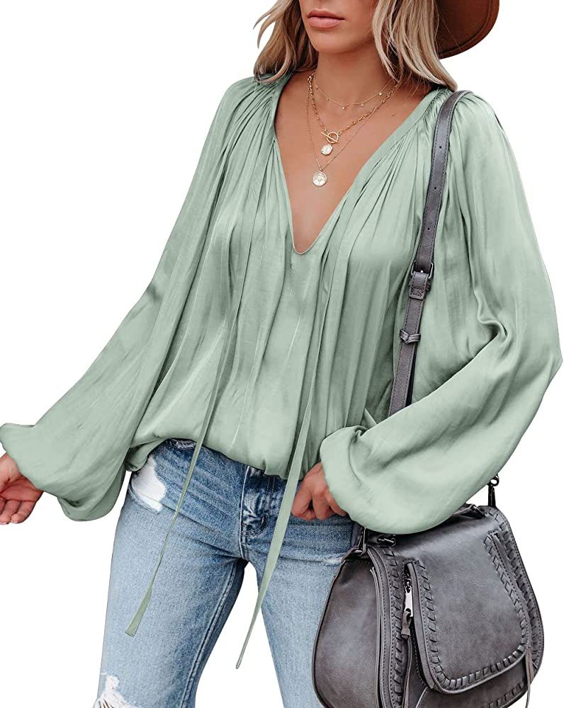 LAMISSCHE Womens Sexy Deep V Neck Blouse Lantern Long Sleeve Chiffon Shirt Oversized Drawstring Silk | Amazon (US)